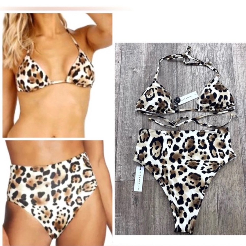 NWT Vitamin A Snow Leopard High Waisted String Bikini Set
